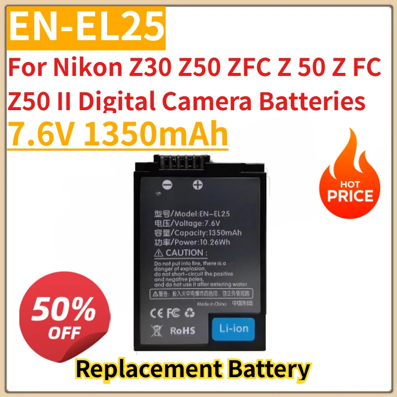 High Quality New EN-EL25 Cameras Battery 7.6V 1350mAh for Nikon Z30 Z50 ZFC Z 50 Z FC Z50 II Digital Camera Batteries
High Quality New EN-EL25 Cameras Battery 7.6V 1350mAh for Nikon Z30 Z50 ZFC Z 50 Z FC Z50 II Digital Camera Batteries