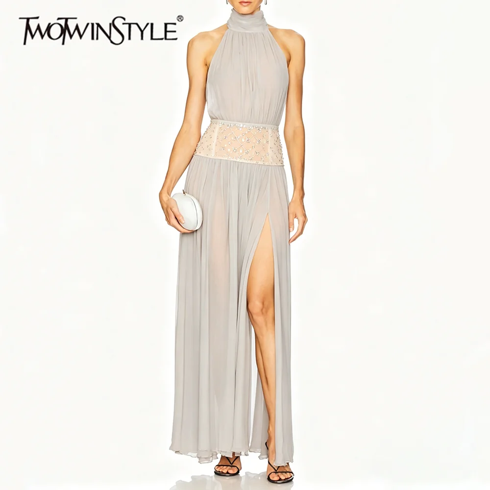 TWOTWINSTYLE Grey Halter Neck Slit Maxi Dresses for Women Sleeveless Sheer Fabric Rhinestone Waist Design for Galas Red Carpet
TWOTWINSTYLE Grey Halter Neck Slit Maxi Dresses for Women Sleeveless Sheer Fabric Rhinestone Waist Design for Galas Red Carpet