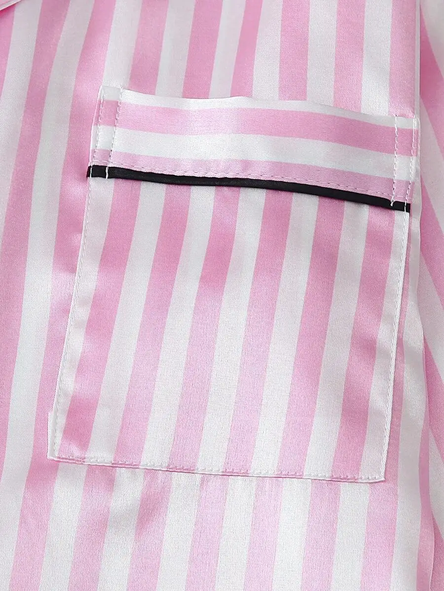 Women Satin Pajama Set Long Sleeve Collar Top Striped Pants Loungewear
Women Satin Pajama Set Long Sleeve Collar Top Striped Pants Loungewear