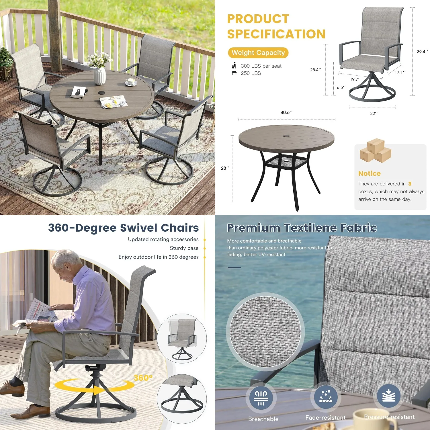 5-Piece Patio Dining Set Grey Wood Grain Round Table 40.7in & Swivel Padded Chairs Outdoor Garden Balcony Customized
5-Piece Patio Dining Set Grey Wood Grain Round Table 40.7in & Swivel Padded Chairs Outdoor Garden Balcony Customized