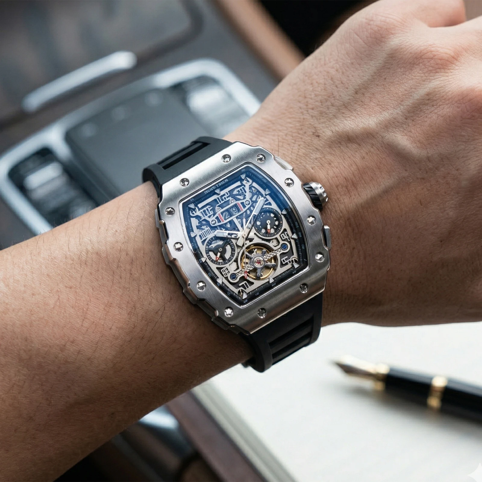 REEF TIGER Titan Men's Stainless Steel Tonneau Multifunctional Mechanical Watch Tourbillon Waterproof Automatic RGA3009-2
REEF TIGER Titan Men's Stainless Steel Tonneau Multifunctional Mechanical Watch Tourbillon Waterproof Automatic RGA3009-2