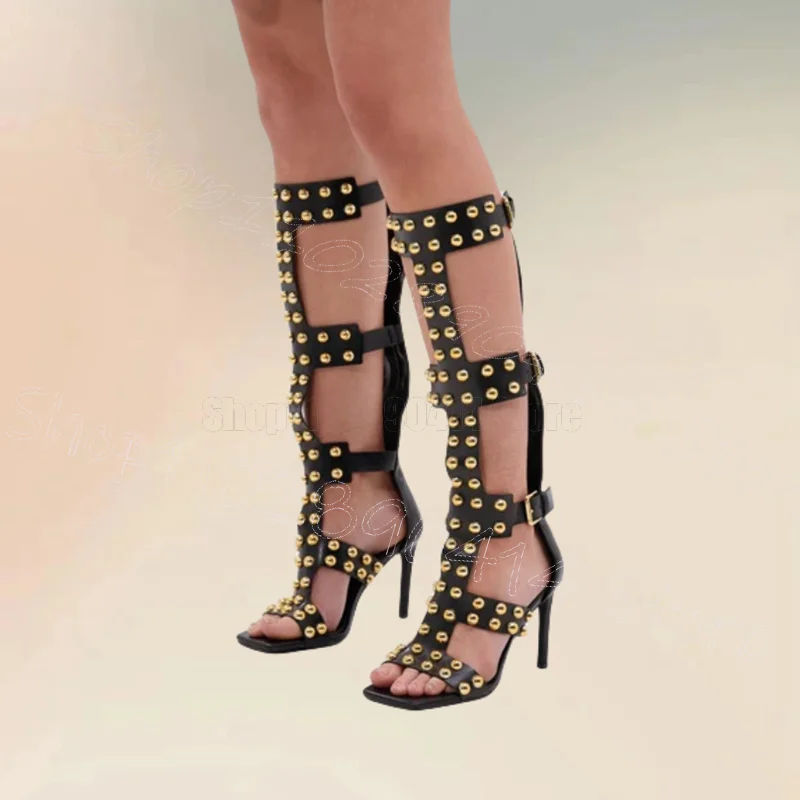 Gold Rivets Black Hollow Design Buckle Sandals Boots Back Zipper Women Shoes Thin High Heel Party Feast 2025 Zapatos Para Mujere
Gold Rivets Black Hollow Design Buckle Sandals Boots Back Zipper Women Shoes Thin High Heel Party Feast 2025 Zapatos Para Mujere