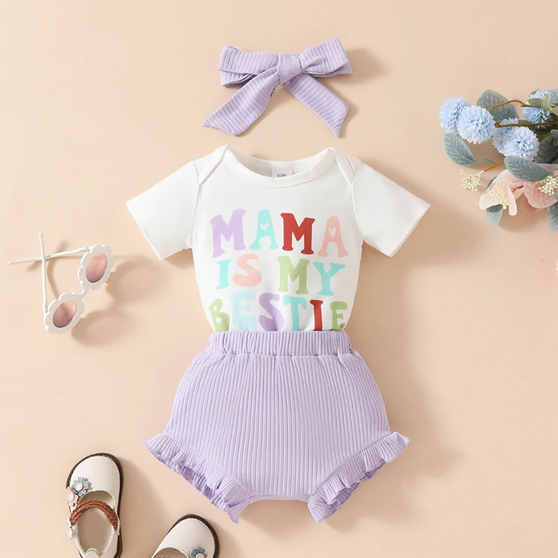 Baby Girls Summer Outfits Letter Print Short Sleeve Romper and Ruffled Ribbed Shorts Cute Headband 3 Piece Clothes
Baby Girls Summer Outfits Letter Print Short Sleeve Romper and Ruffled Ribbed Shorts Cute Headband 3 Piece Clothes