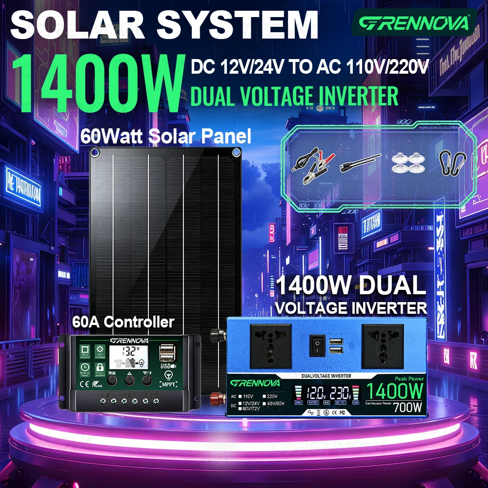 Solar Power Solution Kit | 60W Solar Panel 60A Controller 1400W Peak Dual Voltage Inverter 12V/24V To 110V/220V for Balcony & RV
Solar Power Solution Kit | 60W Solar Panel 60A Controller 1400W Peak Dual Voltage Inverter 12V/24V To 110V/220V for Balcony & RV
