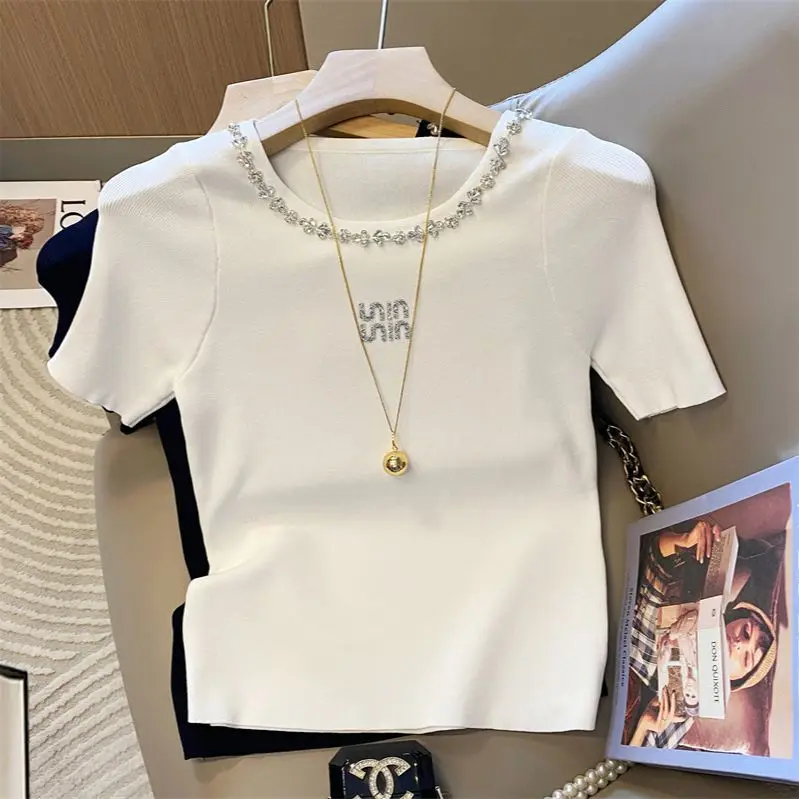 Summe Letter Embroidery Diamonds T-shirt Women Slim Fashion Vintage Solid Tops Comfortable Casual Pullovers
Summe Letter Embroidery Diamonds T-shirt Women Slim Fashion Vintage Solid Tops Comfortable Casual Pullovers