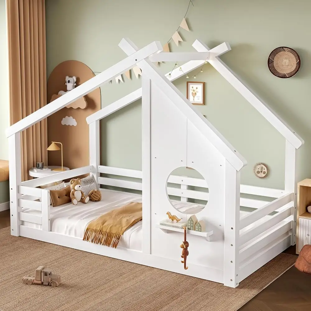 Twin Size Wood Floor Bed with Window and Shelves, Full-Length Guardrails, No Box Spring Needed, White
Twin Size Wood Floor Bed with Window and Shelves, Full-Length Guardrails, No Box Spring Needed, White