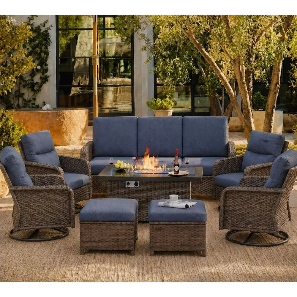 Blue 8-Piece Outdoor Wicker Patio Set with Fire Pit, Cushions, and Swivel Chairs
Blue 8-Piece Outdoor Wicker Patio Set with Fire Pit, Cushions, and Swivel Chairs