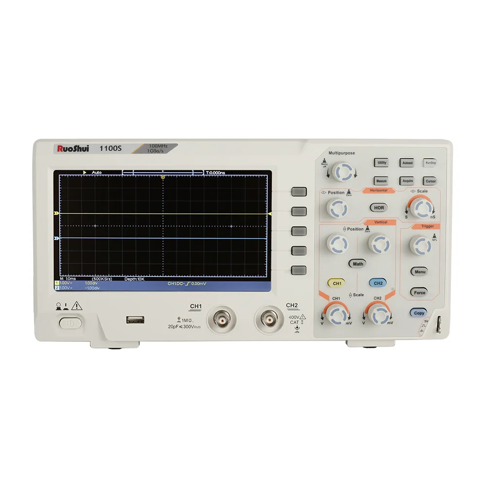 1100S RuoShui 100MHz 2 Channels Benchtop Digital Storage Automatic Oscilloscope
1100S RuoShui 100MHz 2 Channels Benchtop Digital Storage Automatic Oscilloscope