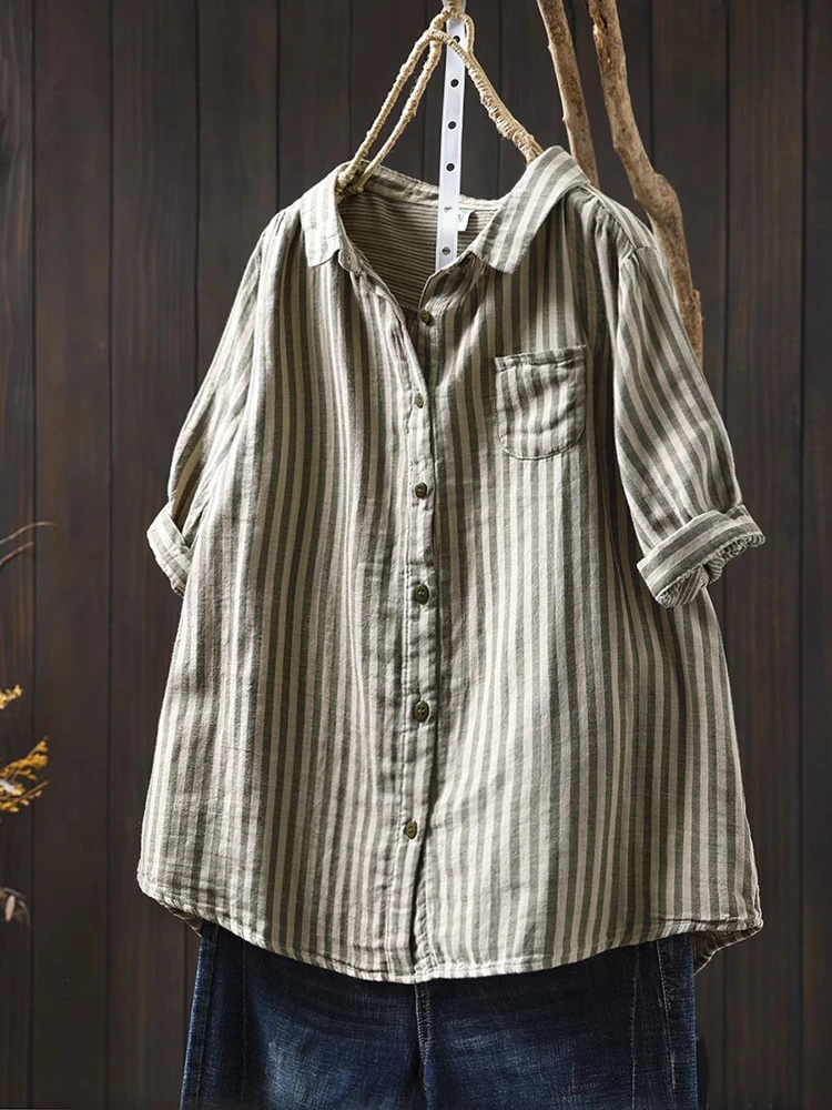 Women Casual Cotton Shirt New 2025 Summer Vintage Style Turn-down Collar Striped Loose Female Short Sleeve Tops Shirts M1243
Women Casual Cotton Shirt New 2025 Summer Vintage Style Turn-down Collar Striped Loose Female Short Sleeve Tops Shirts M1243