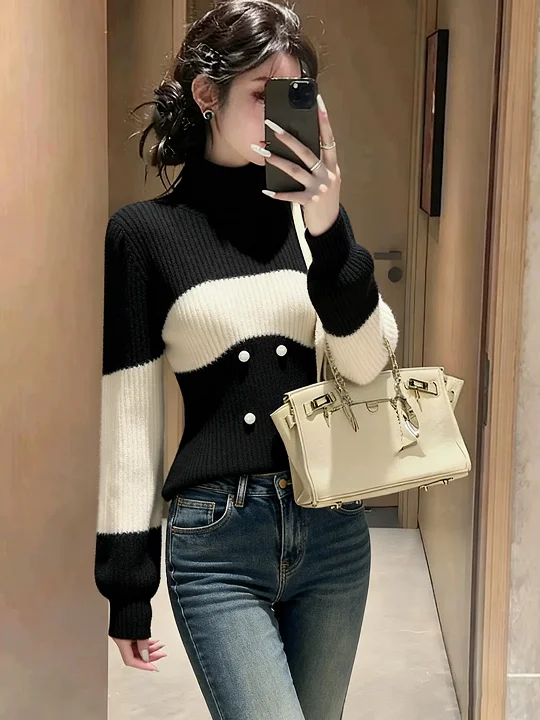 Шикарный уникальный вязаный свитер в стиле колор-блок, корейский стиль, ранняя осень, высокий воротник, длинный рукав, модный, с пуговицами, для прогулок
Шикарный уникальный вязаный свитер в стиле колор-блок, корейский стиль, ранняя осень, высокий воротник, длинный рукав, модный, с пуговицами, для прогулок