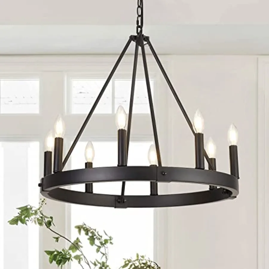 Farmhouse dining room chandelier: 8-light black wagon wheel pendant in steel, modern industrial style for kitchen island, foyer
Farmhouse dining room chandelier: 8-light black wagon wheel pendant in steel, modern industrial style for kitchen island, foyer