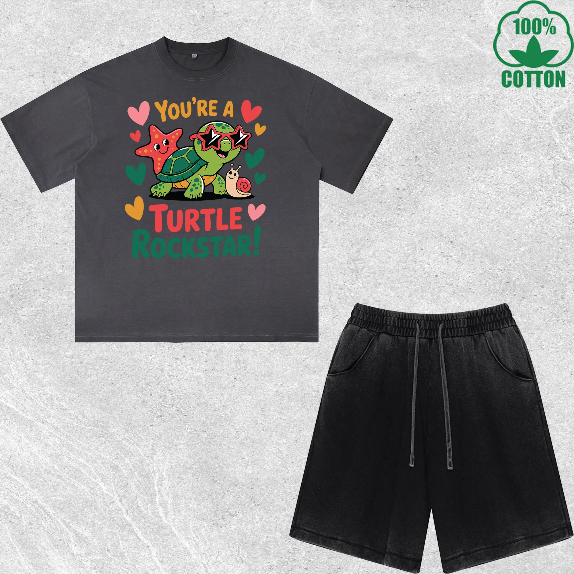 Turtle Rockstar Printed Dirty Wash T-Shirt Shorts Set Multicolor Combo Loose Trendy Fashionable 100%Cotton
Turtle Rockstar Printed Dirty Wash T-Shirt Shorts Set Multicolor Combo Loose Trendy Fashionable 100%Cotton