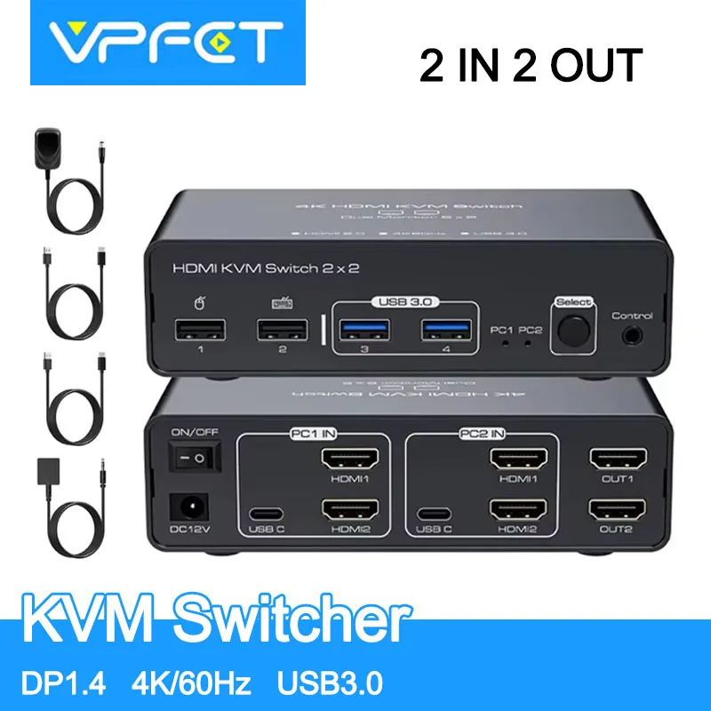 KVM Switch DP1.4 4K/60Hz 2 Computers 2 Monitors Support HDCP1.4 HUB USB3.0 Device Sharing Computer Host Keyboard Mouse Monitor
KVM Switch DP1.4 4K/60Hz 2 Computers 2 Monitors Support HDCP1.4 HUB USB3.0 Device Sharing Computer Host Keyboard Mouse Monitor