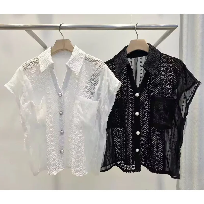 Korean Style Loose Fit Lace Embroidery Hollow out Short Sleeve Shirt Women's Turn-down Collar Top Breathable Summer New Arrival
Korean Style Loose Fit Lace Embroidery Hollow out Short Sleeve Shirt Women's Turn-down Collar Top Breathable Summer New Arrival