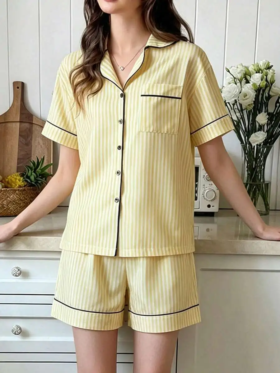 Womens Yellow Striped Pajama Set Short Sleeve Shorts Sleepwear Elegant Home Wear Spring Autumn
Womens Yellow Striped Pajama Set Short Sleeve Shorts Sleepwear Elegant Home Wear Spring Autumn