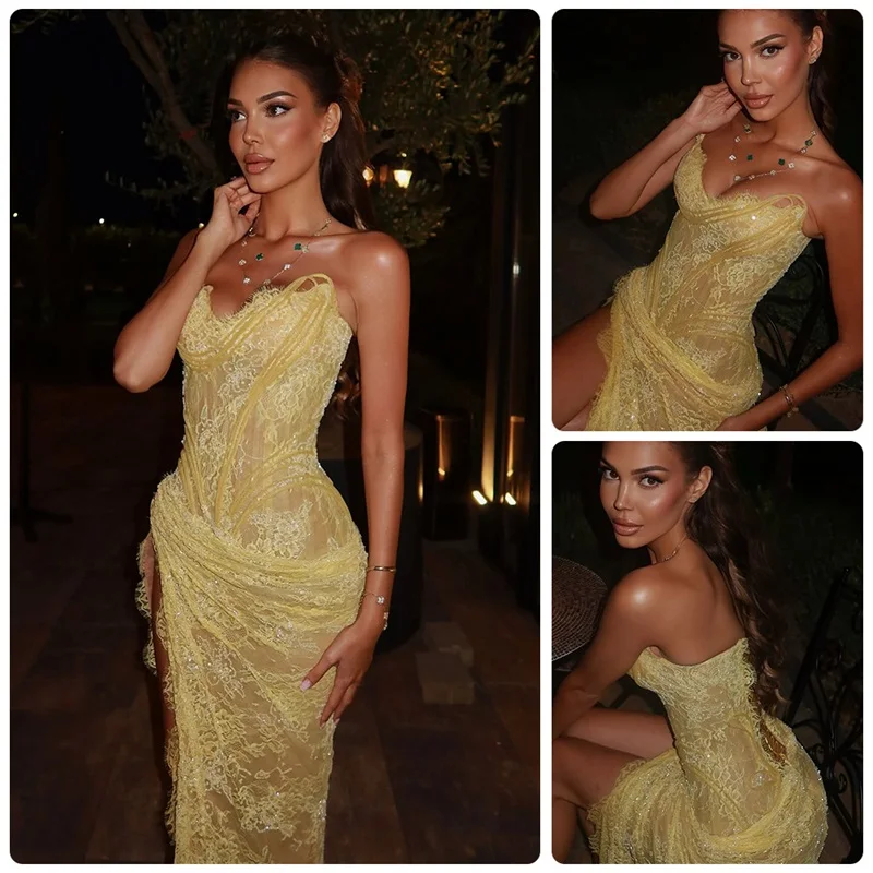 Yellow Lace Sequin Prom Dress Sexy Strapless Sleeveless Lace Up Back Long Sheath Party Gown Formal Wedding Birthday Evening Robe
Yellow Lace Sequin Prom Dress Sexy Strapless Sleeveless Lace Up Back Long Sheath Party Gown Formal Wedding Birthday Evening Robe