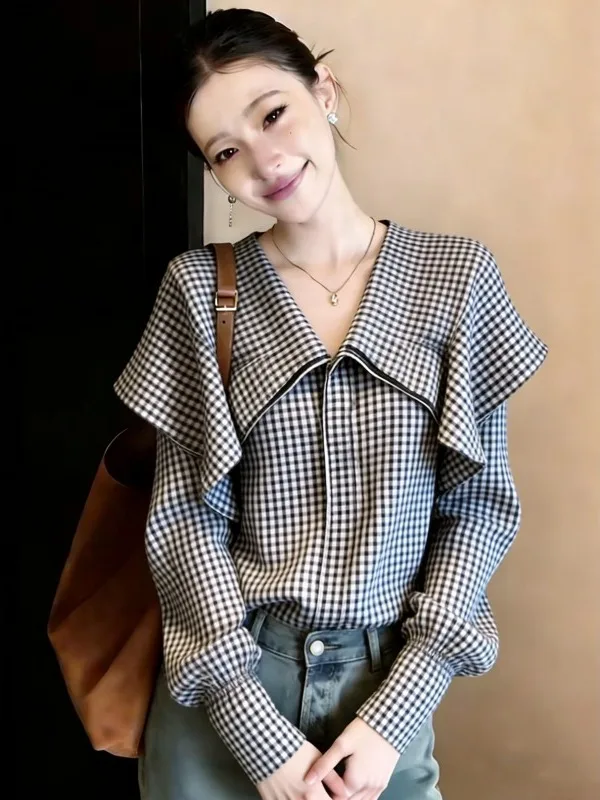 Elegant Plaid Shirt Women's Shoulder Length Collar Flip Women's Shirt Korean Style Loose Fit Long Sleeve Spring Summer New Ar...
Elegant Plaid Shirt Women's Shoulder Length Collar Flip Women's Shirt Korean Style Loose Fit Long Sleeve Spring Summer New Ar...