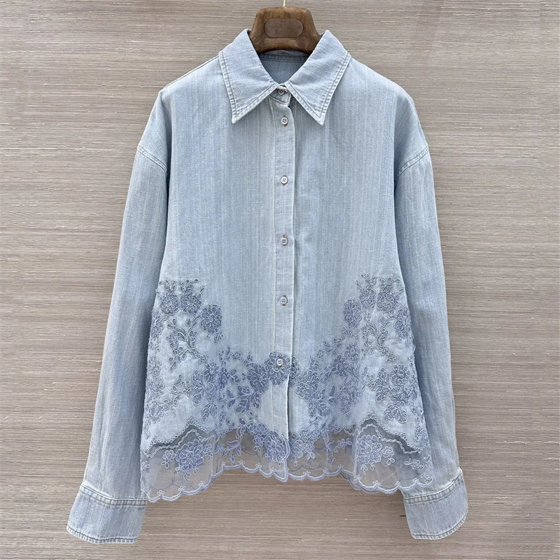 women's shirt Summer 2026 single breasted slim fit women's long sleeved top Lace flower embroidery women's blouse denim shirt
women's shirt Summer 2026 single breasted slim fit women's long sleeved top Lace flower embroidery women's blouse denim shirt