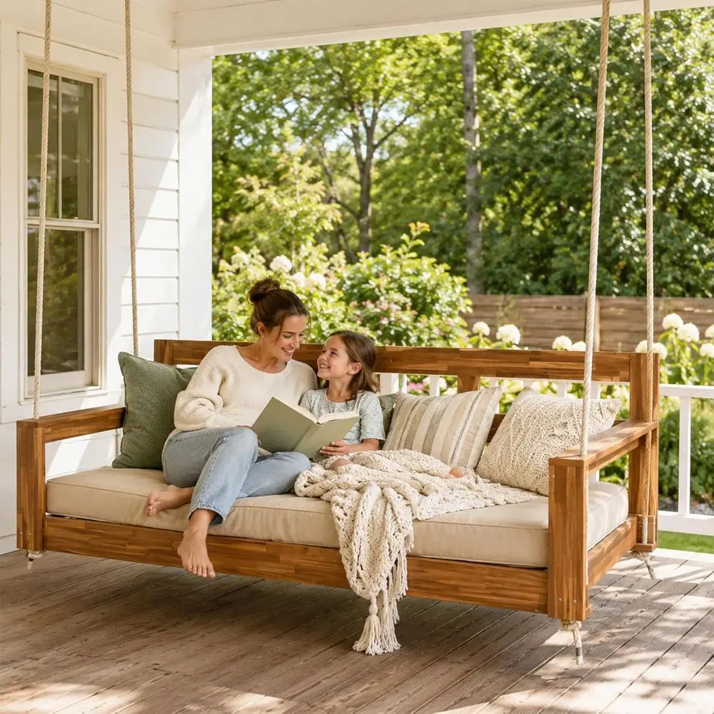 Natural Acacia Wood Twin Size Porch Swing Bed with 4 Hemp Ropes, 350 lbs Capacity for Outdoor Spaces
Natural Acacia Wood Twin Size Porch Swing Bed with 4 Hemp Ropes, 350 lbs Capacity for Outdoor Spaces
