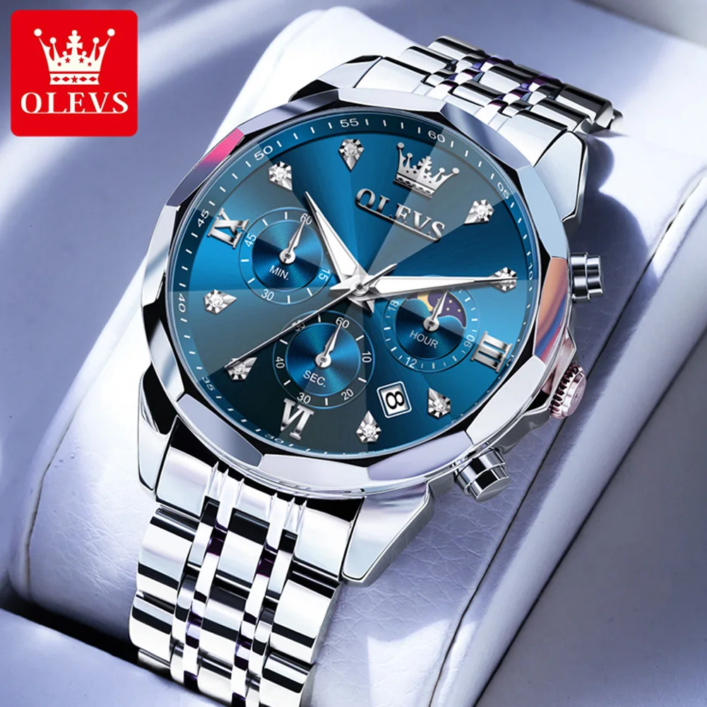 OLEVS 3670 Men's Watches Solid Steel Strap Rhombus Mirror 24Hour Moon Phase Waterproof Luminous Chronograph Quartz Watch for Men
OLEVS 3670 Men's Watches Solid Steel Strap Rhombus Mirror 24Hour Moon Phase Waterproof Luminous Chronograph Quartz Watch for Men