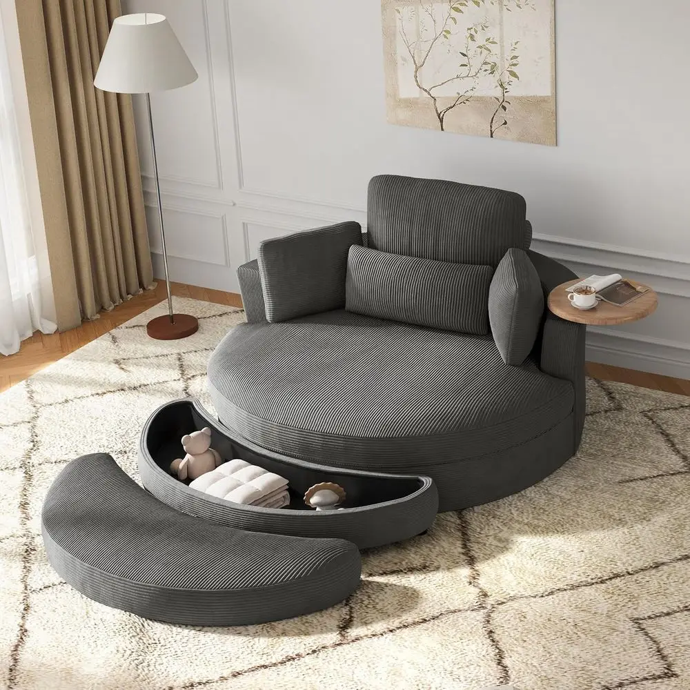 Oversized Round Chaise Lounge with Storage Ottoman, Gray, Corduroy Upholstered Chair for Living Room or Hotel
Oversized Round Chaise Lounge with Storage Ottoman, Gray, Corduroy Upholstered Chair for Living Room or Hotel