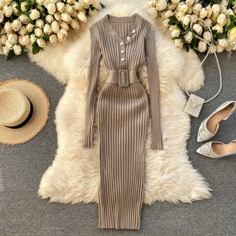 Women's Slim Waist Sweater Dresses Belt Autumn Winter V-Neck Button Sexy Wrap Hip Dresses Female Solid Bodycon Knit Dresses
Women's Slim Waist Sweater Dresses Belt Autumn Winter V-Neck Button Sexy Wrap Hip Dresses Female Solid Bodycon Knit Dresses