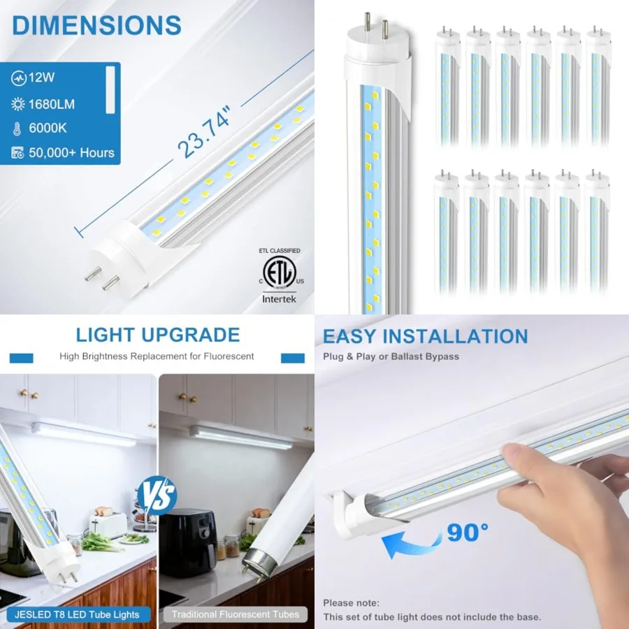 2Feet T8 LED Tube Light, 12W 30W Equivalent,1680LM, 6000K, Ballast Bypass, 24 Inch F20T12 Fluorescent Bulb Replacement, Dual En
2Feet T8 LED Tube Light, 12W 30W Equivalent,1680LM, 6000K, Ballast Bypass, 24 Inch F20T12 Fluorescent Bulb Replacement, Dual En