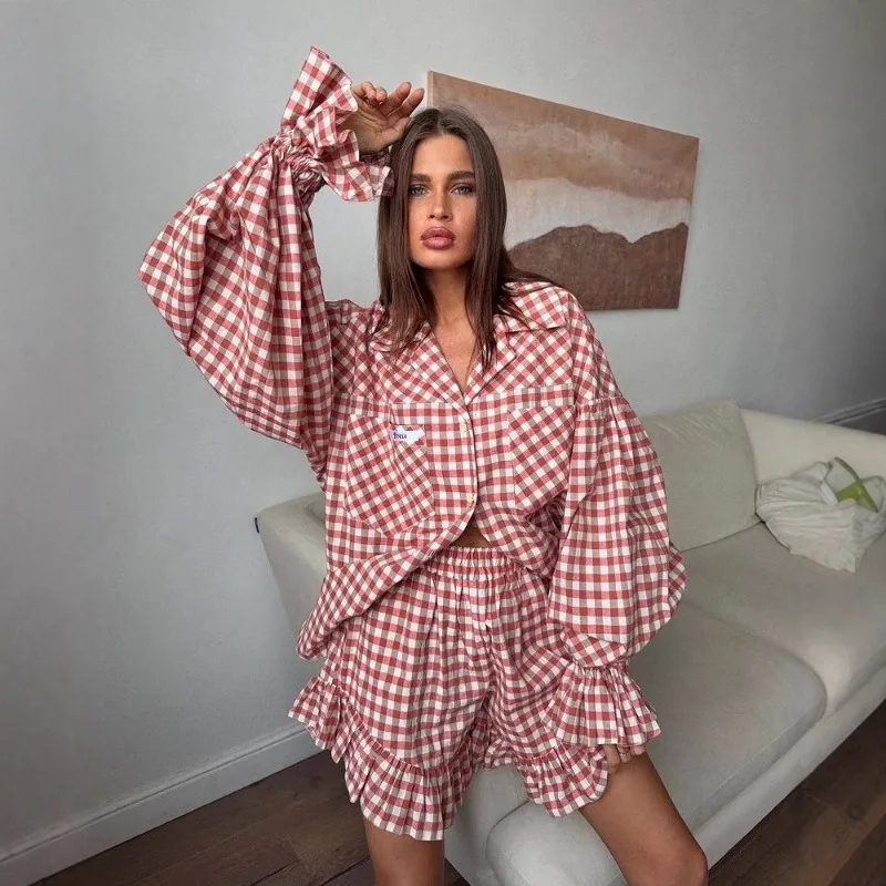2025 Spring New Product Women's Outerwear Long Sleeve Shirt Loose Home Clothing Set Women's Spring and Autumn Checkered Set
2025 Spring New Product Women's Outerwear Long Sleeve Shirt Loose Home Clothing Set Women's Spring and Autumn Checkered Set