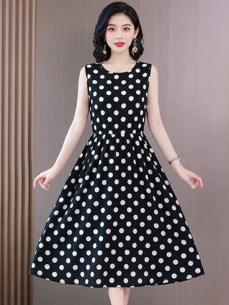 Elegant Polka Dot Sleeveless Dress Women's Summer Waist Cinching Slimming Belly Covering Age Defying Mommy Dress Long Dress
Elegant Polka Dot Sleeveless Dress Women's Summer Waist Cinching Slimming Belly Covering Age Defying Mommy Dress Long Dress