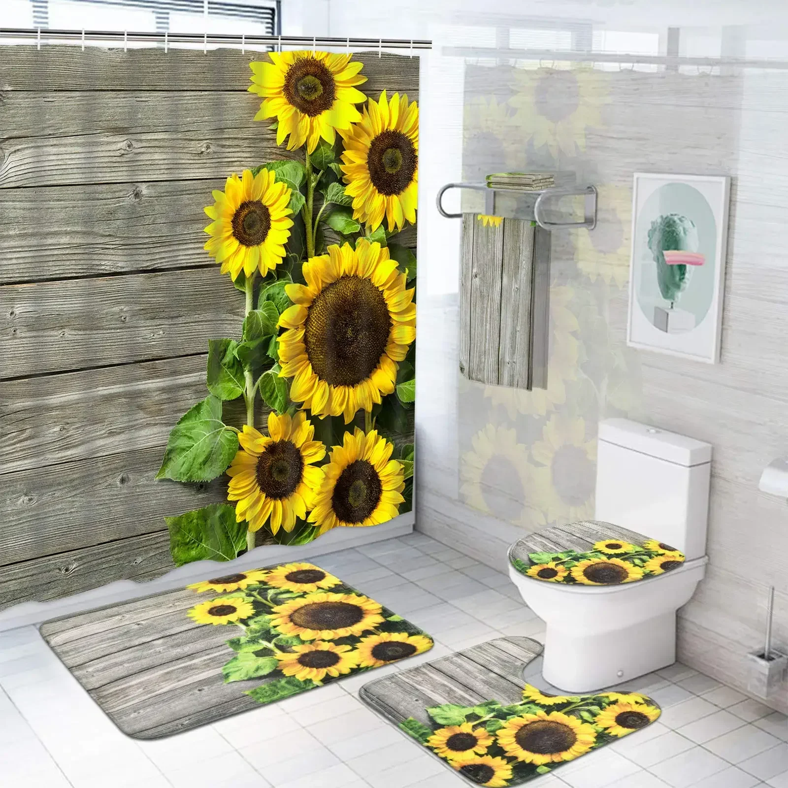 Набор занавесок для душа с подсолнечником, коврик для унитаза, нескользящий кухонный коврик для ванной, деревянная доска, набор для ванной комнаты, декор, 4 шт. 
Набор занавесок для душа с подсолнечником, коврик для унитаза, нескользящий кухонный коврик для ванной, деревянная доска, набор для ванной комнаты, декор, 4 шт.