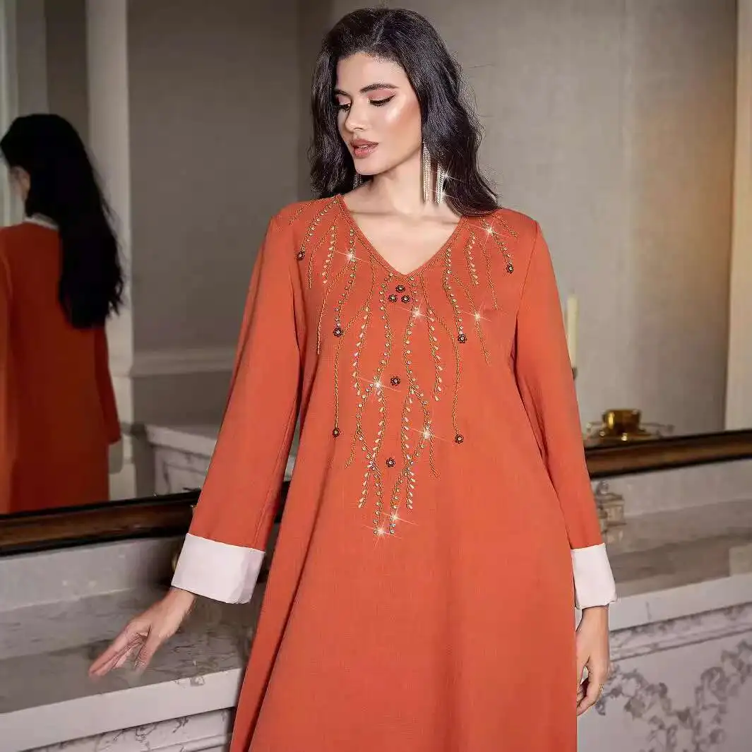 V-neck BA5007 new orange loose Arabic dress, hand sewn diamond embellished long skirt 1
V-neck BA5007 new orange loose Arabic dress, hand sewn diamond embellished long skirt 1