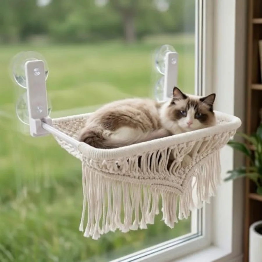Cat Hammock and Window Perch w/ 4 Suction Cups, Foldable Adjustable Boho Cotton Rope Pet Hammock Bed and Cat Shelves for Indoor
Cat Hammock and Window Perch w/ 4 Suction Cups, Foldable Adjustable Boho Cotton Rope Pet Hammock Bed and Cat Shelves for Indoor