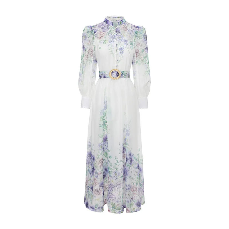 Women's Floral Print Chiffon Dress with Belt Stand Collar Long Lantern Sleeve Single Breasted Swing Dress for Vacation
Women's Floral Print Chiffon Dress with Belt Stand Collar Long Lantern Sleeve Single Breasted Swing Dress for Vacation