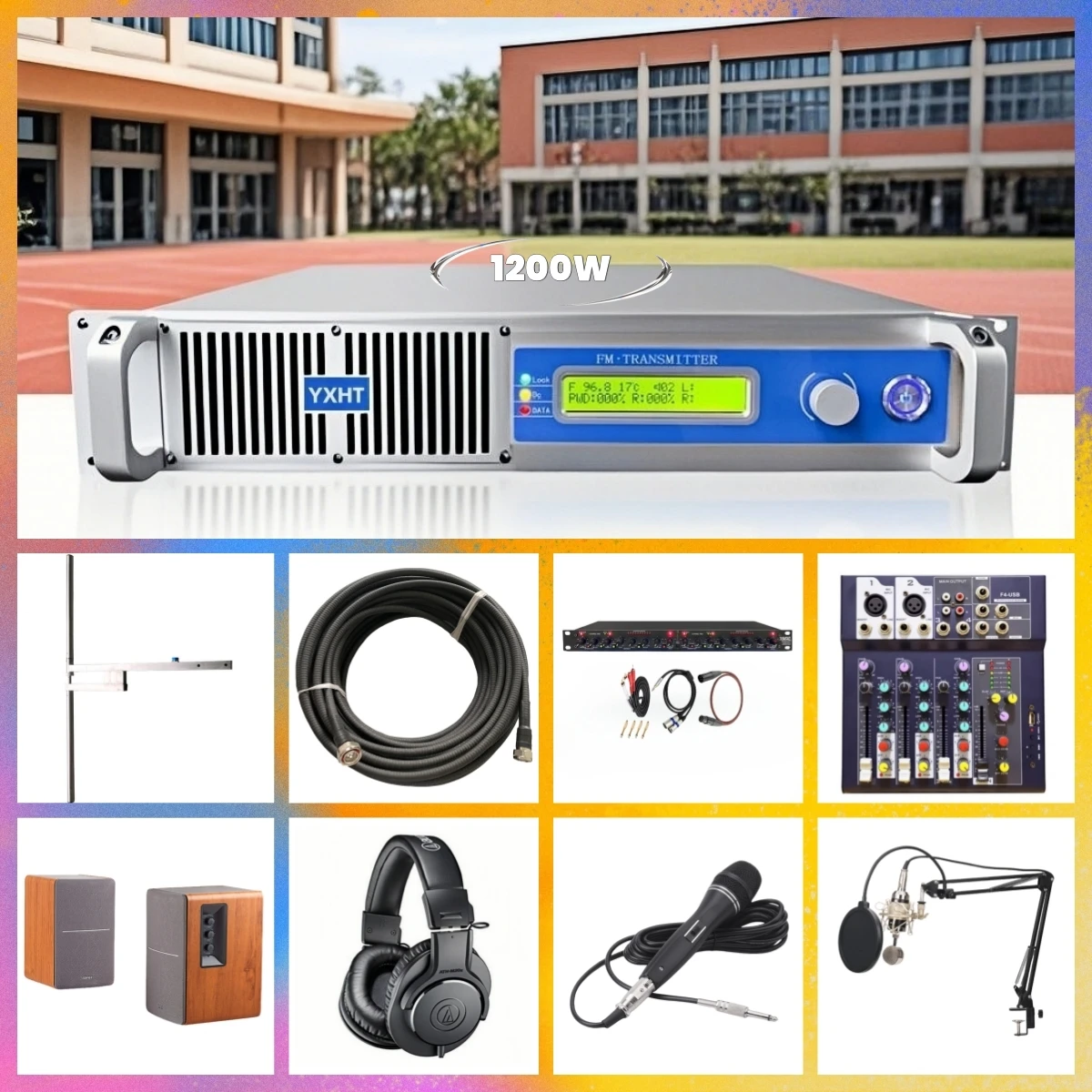 Radio Package: YXHT-1, 1.2KW FM Transmitter, Antenna, Cable & 7 Studio Devices (Total 10 Items)
Radio Package: YXHT-1, 1.2KW FM Transmitter, Antenna, Cable & 7 Studio Devices (Total 10 Items)