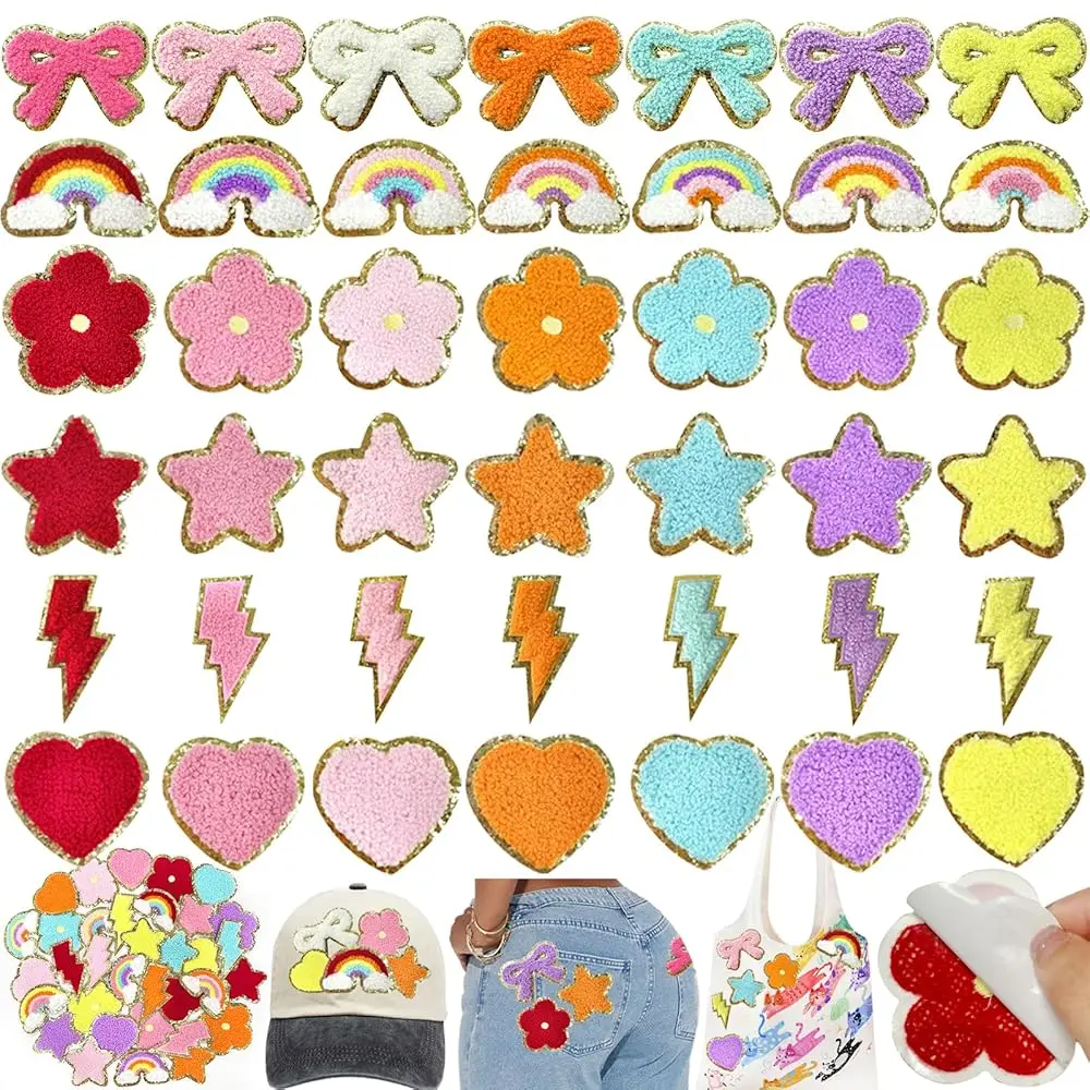 42Pcs Embroidered Applique Chenille Self Adhesive Patches Cute Iron On Patches Flower Star Heart Rainbow Lightning Bow Stick
42Pcs Embroidered Applique Chenille Self Adhesive Patches Cute Iron On Patches Flower Star Heart Rainbow Lightning Bow Stick
