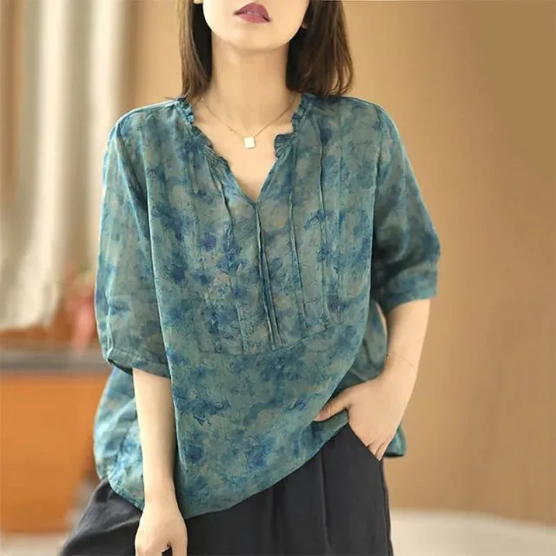 Women's Teal Tie-Dye Print Half-Sleeve Blouse Ruffled V-Neck Loose Casual Chiffon Shirt
Women's Teal Tie-Dye Print Half-Sleeve Blouse Ruffled V-Neck Loose Casual Chiffon Shirt