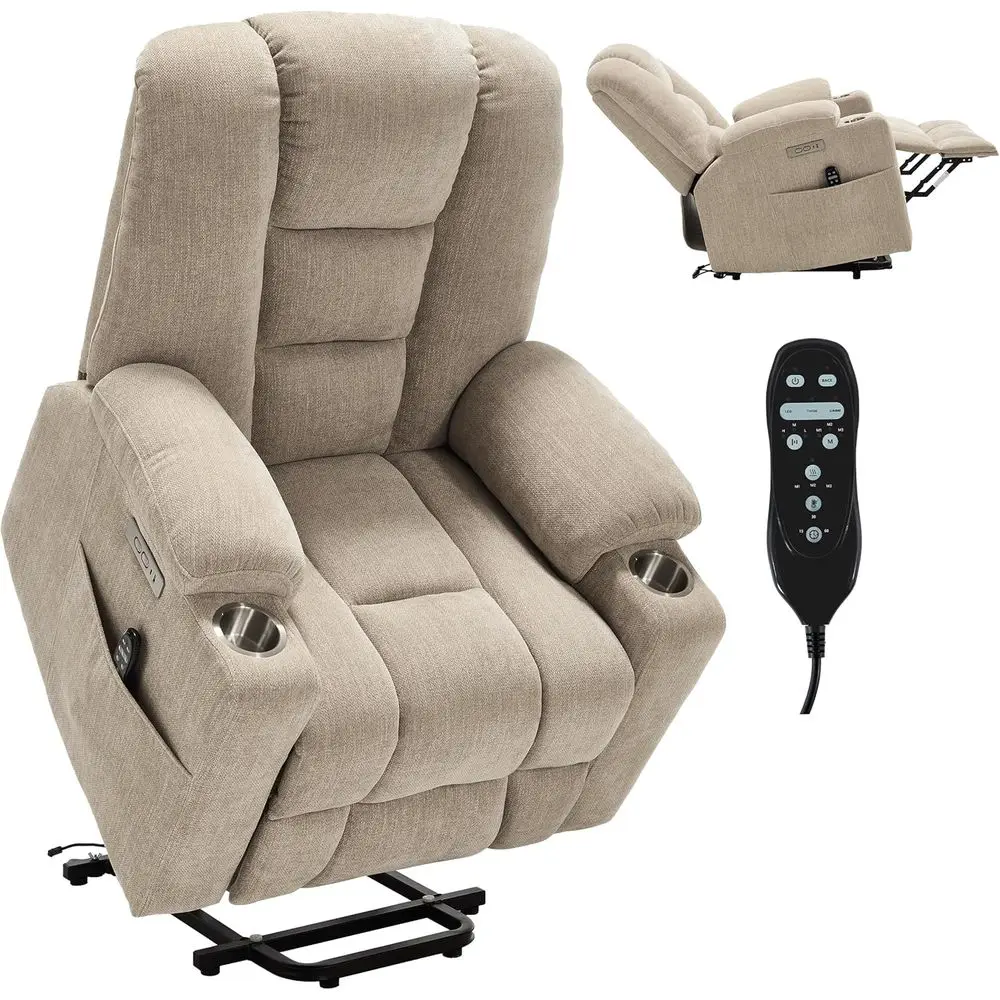 Massage & Heat Power Recliner Chair, Remote Control, Living Room Sofa, USB Ports, Stainless Steel Cup Holders, Chenille Beige
Massage & Heat Power Recliner Chair, Remote Control, Living Room Sofa, USB Ports, Stainless Steel Cup Holders, Chenille Beige