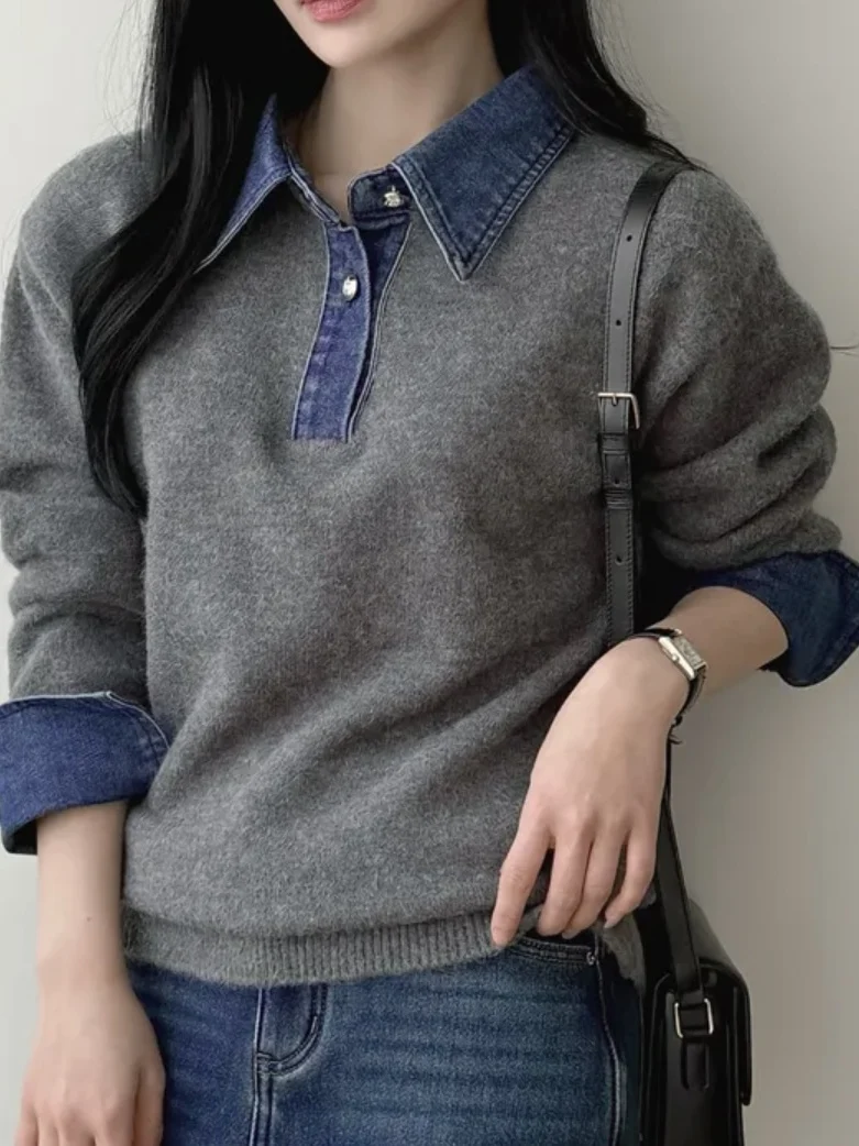 Chic Denim Patchwork Knitwear Women's Loose Collar Faionable Spring Top Korean Sle Long Sve Button Front Single Piece
Chic Denim Patchwork Knitwear Women's Loose Collar Faionable Spring Top Korean Sle Long Sve Button Front Single Piece