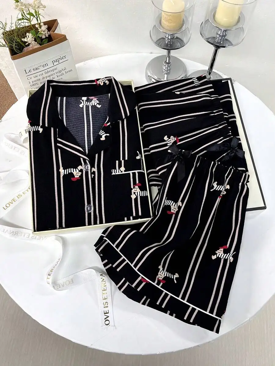 Womens Striped Pajama Set With Cartoon Print Short Sleeve Top And Shorts Long Pants Comfortable Loose Sleepwear
Womens Striped Pajama Set With Cartoon Print Short Sleeve Top And Shorts Long Pants Comfortable Loose Sleepwear