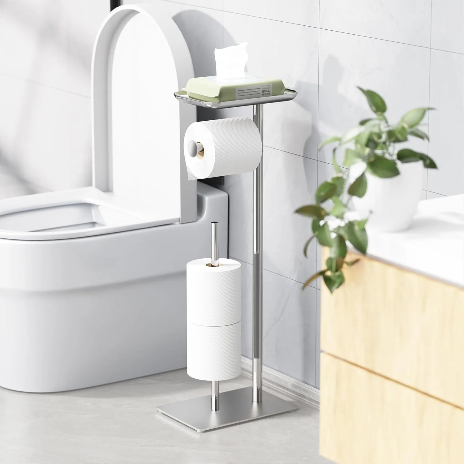 Free Standing Toilet Paper Holder Stand with Top Shelf, Holds 4 Rolls for Bathroom
Free Standing Toilet Paper Holder Stand with Top Shelf, Holds 4 Rolls for Bathroom