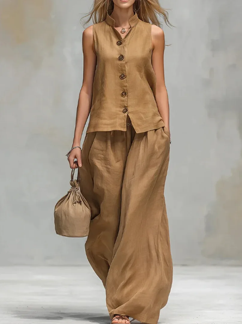 Summer Women Vest Pant Two Piece Outfit Vestidos Stand Collar Sleeveless Vest Top and Wide Leg Pants Cotton Linen Two Piece Set
Summer Women Vest Pant Two Piece Outfit Vestidos Stand Collar Sleeveless Vest Top and Wide Leg Pants Cotton Linen Two Piece Set