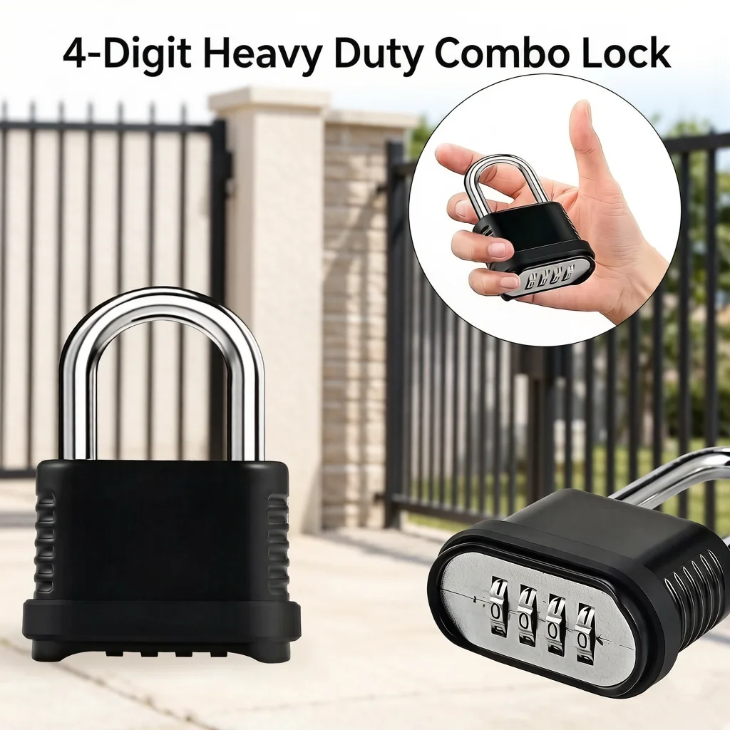 4-Digit Heavy Duty Combo Lock Waterproof Outdoor Gym Locker Padlock with Keyless Resettable Code for School Fence Gate
4-Digit Heavy Duty Combo Lock Waterproof Outdoor Gym Locker Padlock with Keyless Resettable Code for School Fence Gate