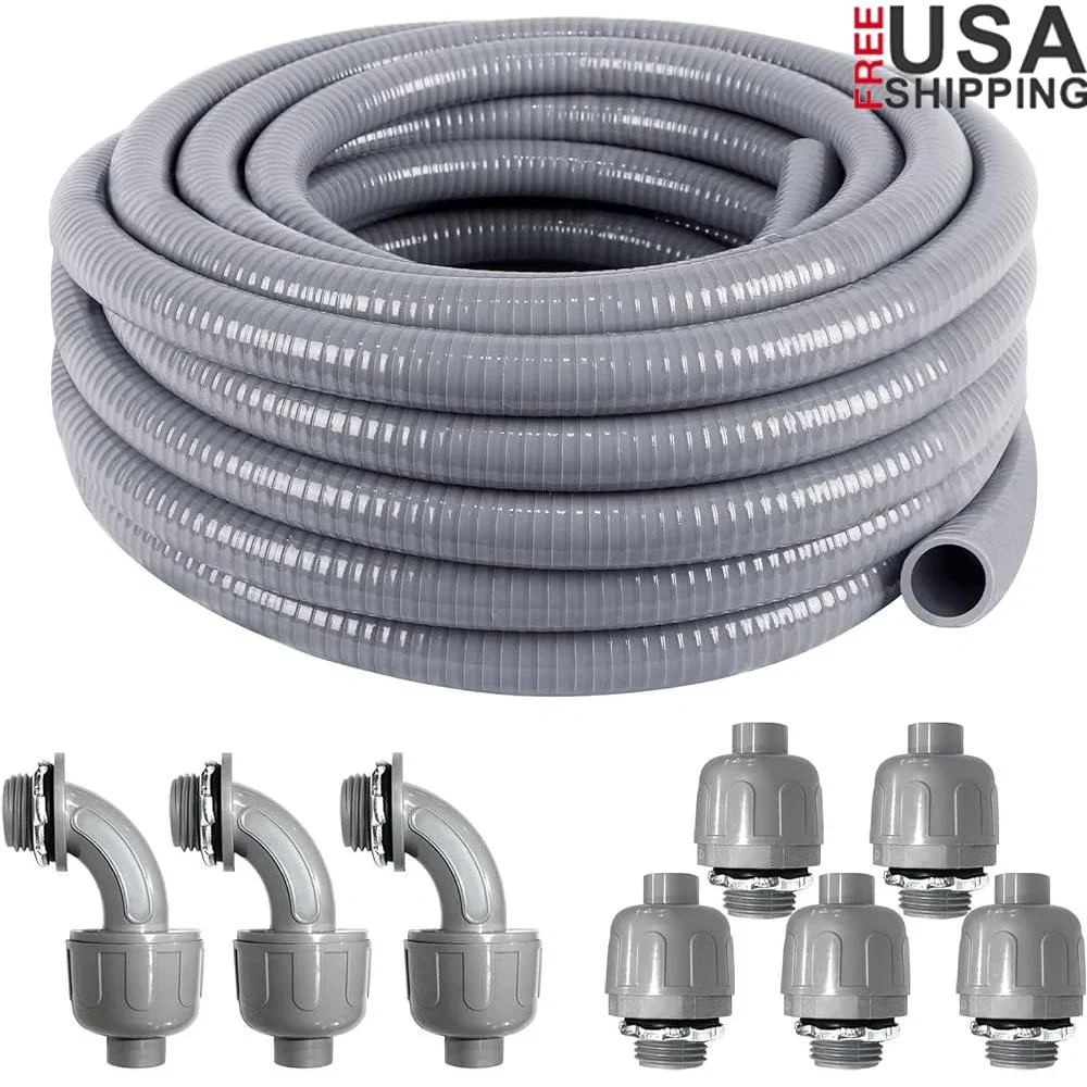 1inch 25ft Flexible Liquid Tight Electrical Conduit Kit with 5 Straight 3 Angle Connectors Non Metallic PVC Waterproof 
1inch 25ft Flexible Liquid Tight Electrical Conduit Kit with 5 Straight 3 Angle Connectors Non Metallic PVC Waterproof