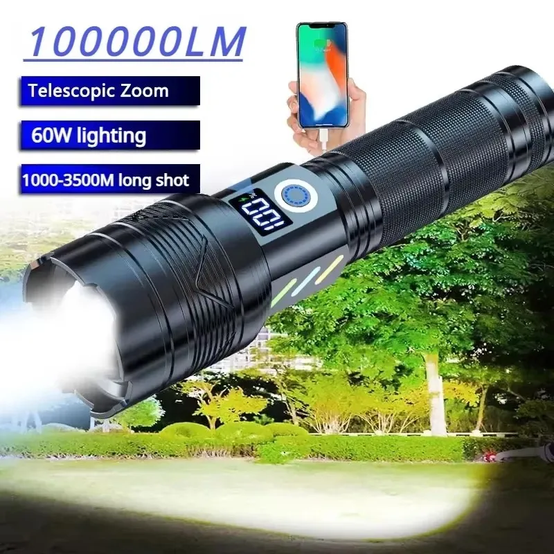 100000LM High Power Rechargeable LED Flashlight Work 48H Illumination 5000M Ultra Powerful Led Torch with Magnetb Charging
100000LM High Power Rechargeable LED Flashlight Work 48H Illumination 5000M Ultra Powerful Led Torch with Magnetb Charging