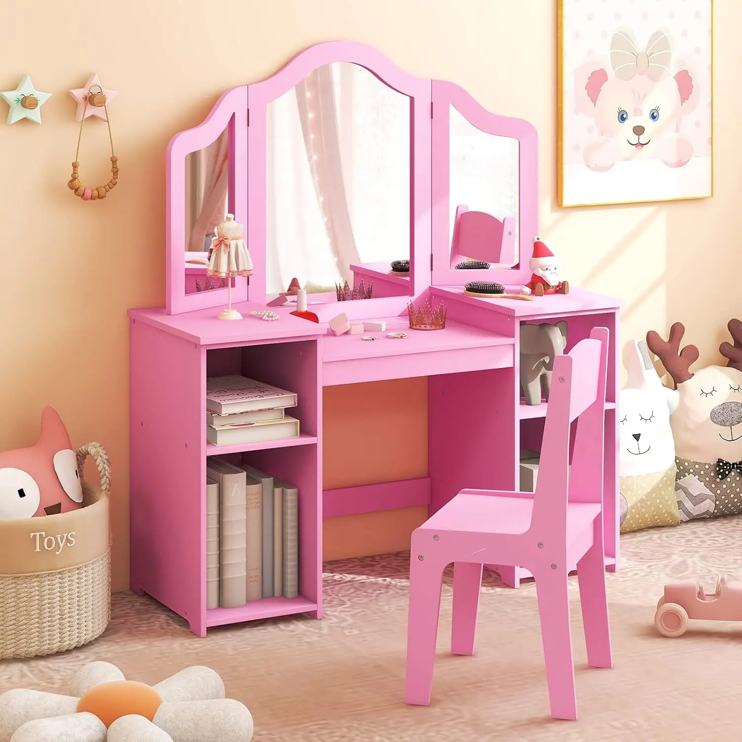 #Kids Vanity Tri-Folding Mirror Wooden Dressing Table Storage Shelves Pretend Play Girl Room
#Kids Vanity Tri-Folding Mirror Wooden Dressing Table Storage Shelves Pretend Play Girl Room