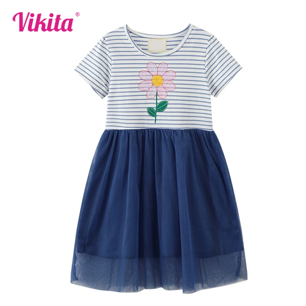 VIKITA Kids Flower Embroidery Dress Girls Short Sleeve 2025 Summer New Fashion Striped Navy Blue Mesh Tulle Dress Kids Clothes
VIKITA Kids Flower Embroidery Dress Girls Short Sleeve 2025 Summer New Fashion Striped Navy Blue Mesh Tulle Dress Kids Clothes