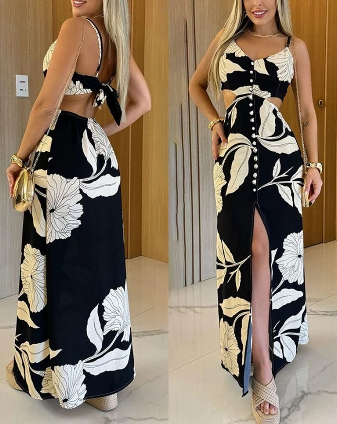 Women's printed V-neck adjustable thin shoulder strap long skirt with casual button front and slit A-line dress
Women's printed V-neck adjustable thin shoulder strap long skirt with casual button front and slit A-line dress