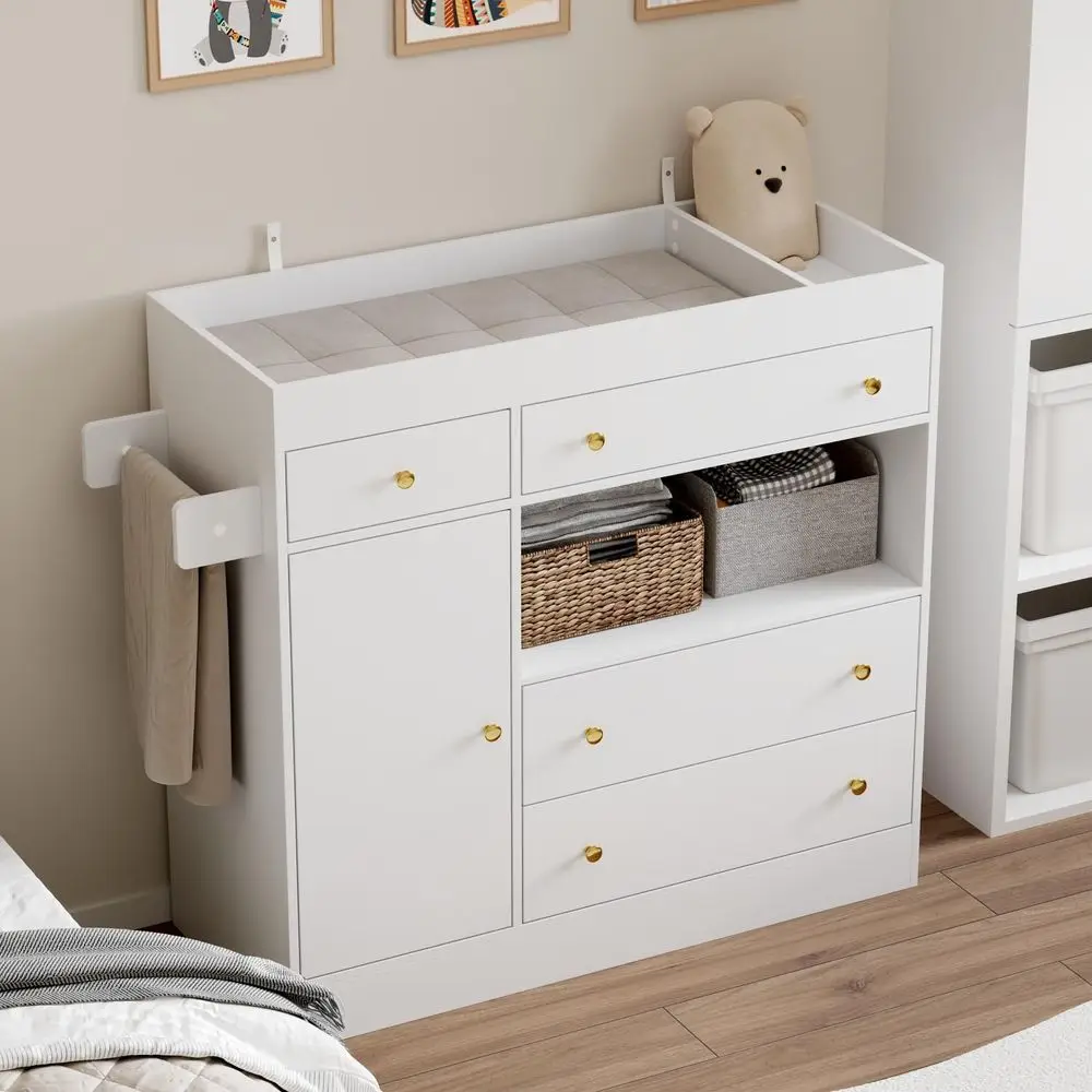 White Baby Changing Table with Diaper Tray, 2 Organizers, Towel Racks, 4 Drawers & 2 Shelves
White Baby Changing Table with Diaper Tray, 2 Organizers, Towel Racks, 4 Drawers & 2 Shelves