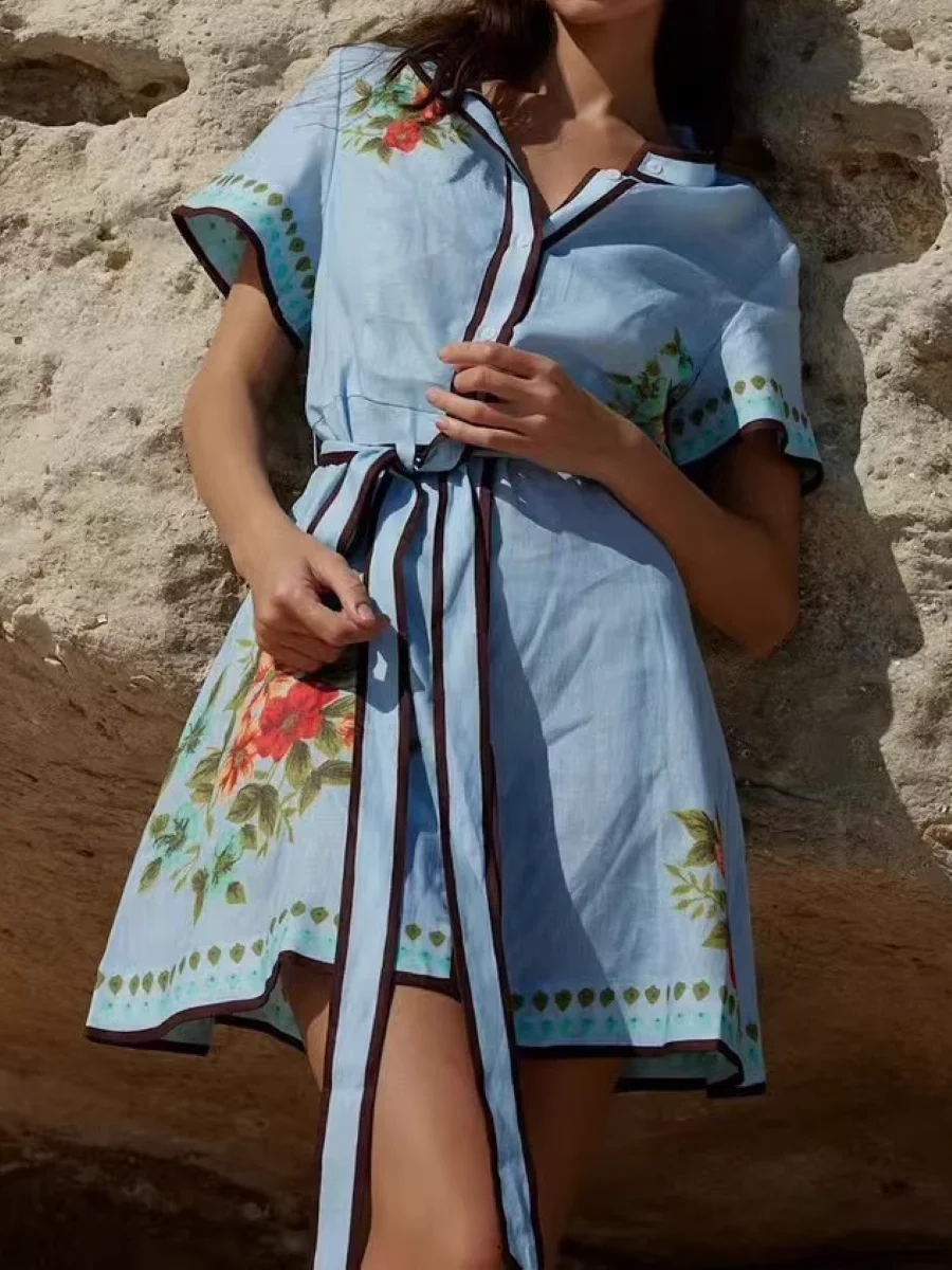 Flower Print Ladies Blue Shirt Dress Spring Summer 2025 Single Breasted O-Neck Lace-up Waist Short Sleeve Casual Linen Mini Robe 
Flower Print Ladies Blue Shirt Dress Spring Summer 2025 Single Breasted O-Neck Lace-up Waist Short Sleeve Casual Linen Mini Robe