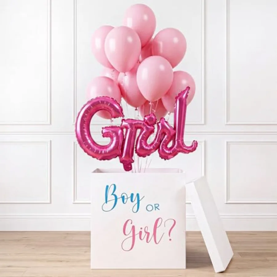Gender reveal party decor: extra large white cardboard box, 28 inches, with girl-themed stickers and balloons, sturdy and elega
Gender reveal party decor: extra large white cardboard box, 28 inches, with girl-themed stickers and balloons, sturdy and elega